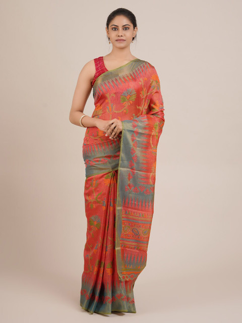 

Pothys Orange & Green Jute Silk Floral Printed Saree