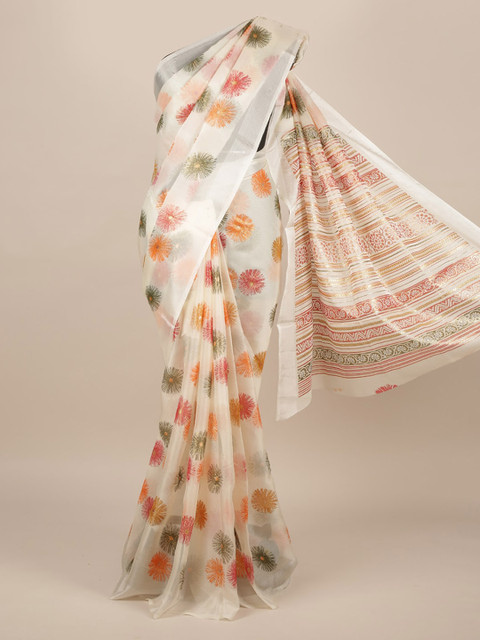 

Pothys White & Orange Jute Silk Floral Printed Saree