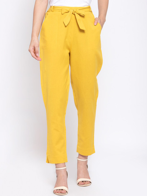 

Zastraa Women Yellow Slim Fit Solid Cotton Regular Trousers With Attached Belt