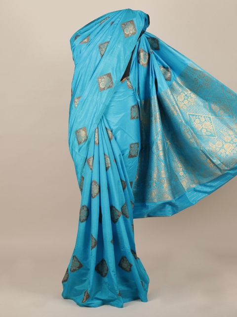 

Pothys Turquoise Blue & Brown Jute Silk Floral Woven Design Saree