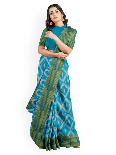 

Kalamandir Blue Silk Blend Woven Design Ikat Saree