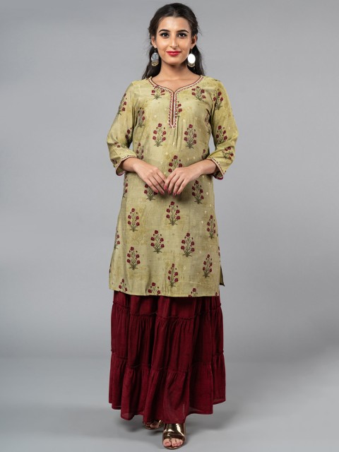 

KLM Fashion Mall Women Green & Maroon Embroidered Kurta with Sharara