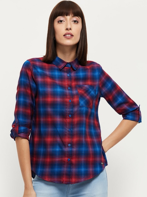 max Women Blue & Red Regular Fit Checked Casual Shirt
