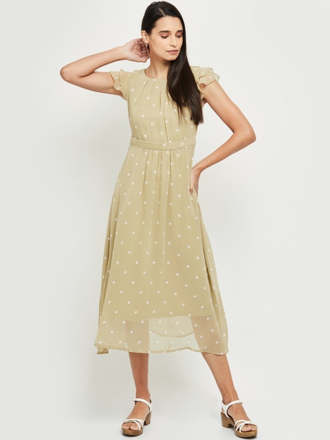 

max Women Beige Polka Dots Printed Fit and Flare Dress