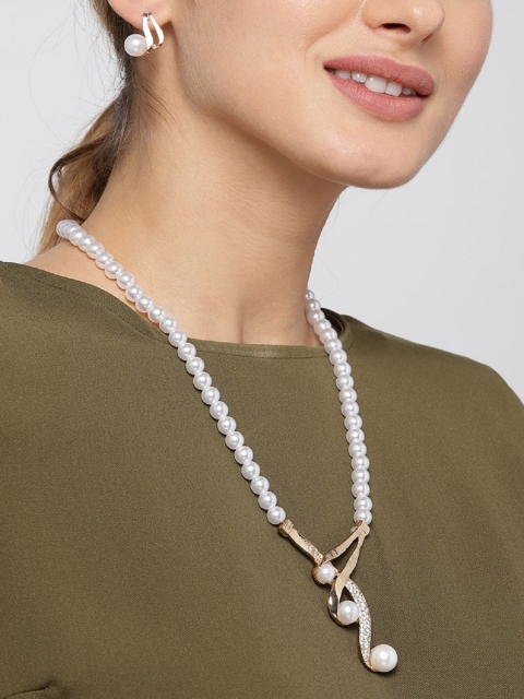 

OOMPH Gold-Toned & White Stone-Studded & Beaded Jewellery Set
