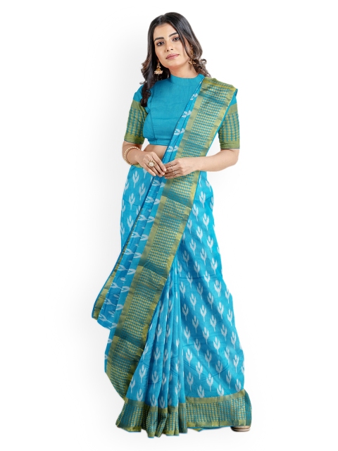 

Kalamandir Blue Silk Blend Printed Ikat Saree