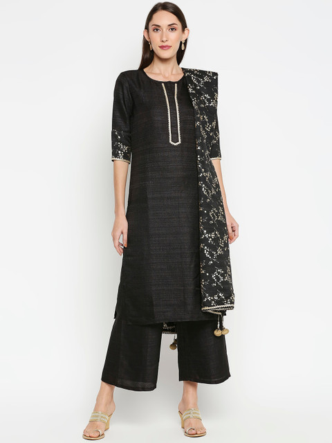 

Desi Weavess Women Black & White Yoke Design Kurta with Palazzos & Dupatta