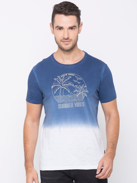 SPYKAR Men Blue White Printed Round Neck Cotton Activewear Pure Cotton T-shirt