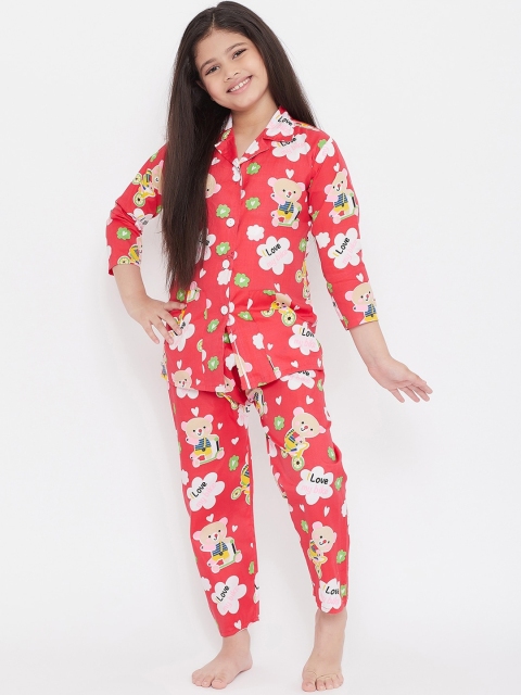 

Baani Creations Girls Red & White Printed Night suit