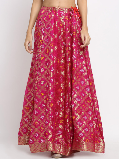 

SOUNDARYA Women Pink & Golden Woven Design Banarasi Flared Maxi Skirt