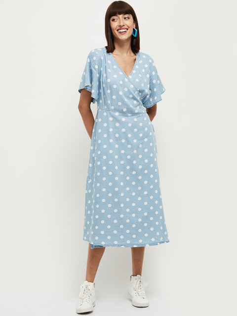 

max Women Blue & White Polka Dot Printed Wrap Dress