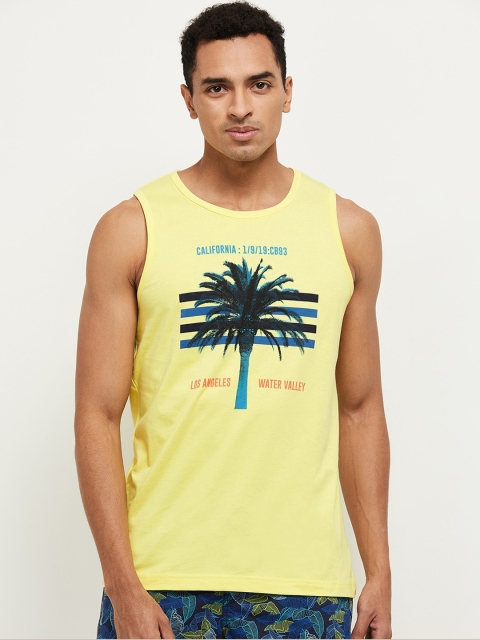 

max Men Yellow Printed Round Neck Cotton Pure Cotton T-shirt