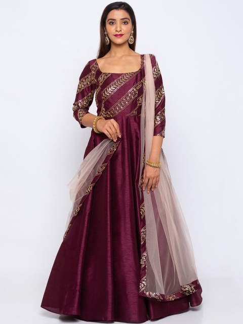 

6Y COLLECTIVE Women Burgundy Embellished Maxi Dress With Dupatta