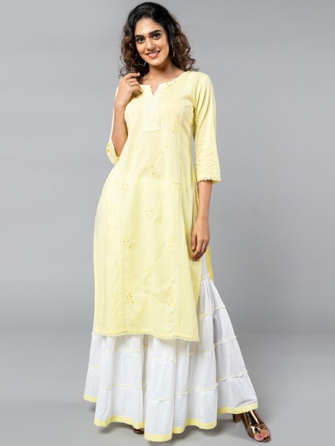 

KLM Fashion Mall Women Yellow Woven Design Kurta with Sharara