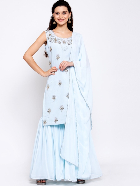 

KHALOM Women Blue Embroidered Kurta with Sharara & Dupatta
