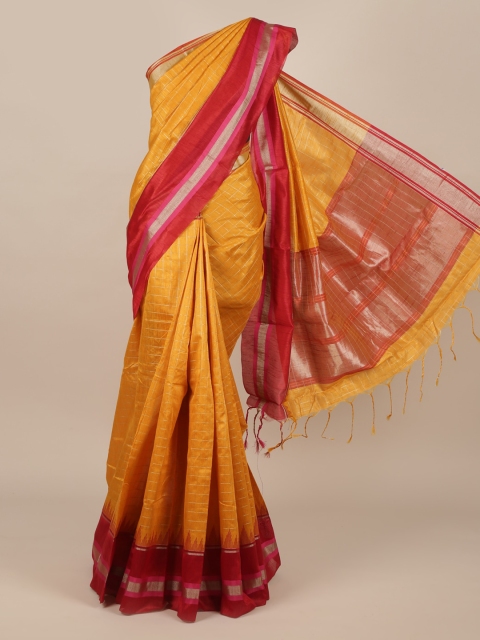

Pothys Mustard Yellow & Red Jute Silk Checked Saree
