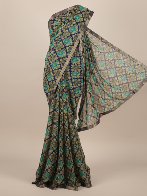 Pothys Navy Blue Printed Poly Chiffon Saree