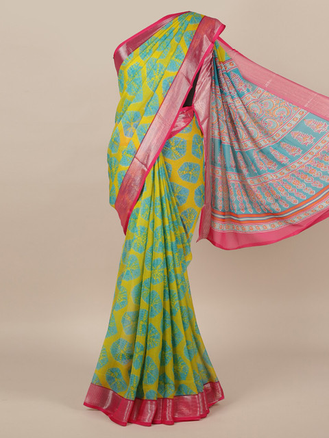 

Pothys Yellow & Sea Green Poly Chiffon Printed Saree