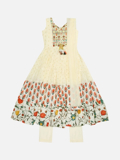 

SALWAR STUDIO Girls Off-White Chanderi Cotton Ethnic suit set