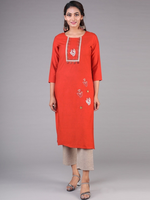 

KLM Fashion Mall Women Orange Embroidered Kurta with Pyjamas