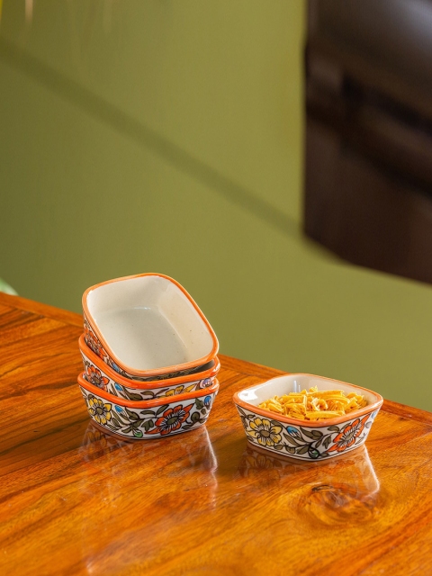 

ExclusiveLane Set Of 4 White & Orange Hand-Painted Ceramic Serving Bowls