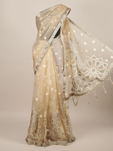 

Pothys Cream-Coloured Printed Tissue Saree With Tasseled Pallu