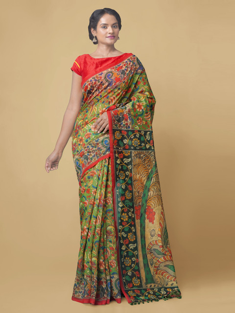 

Unnati Silks Green Silk Cotton Printed Chanderi Saree