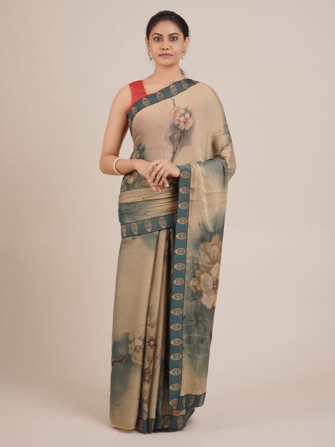 

Pothys Cream-Coloured & Green Poly Chiffon Printed Saree