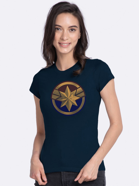 

Bewakoof Women Navy Blue Cap Logo Printed Round Neck Cotton T-shirt
