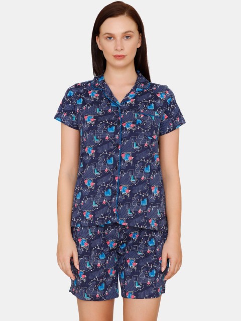 

Zivame Women Navy Blue & Pink Printed Night suit