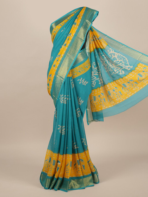 

Pothys Blue & Yellow Poly Chiffon Printed Saree