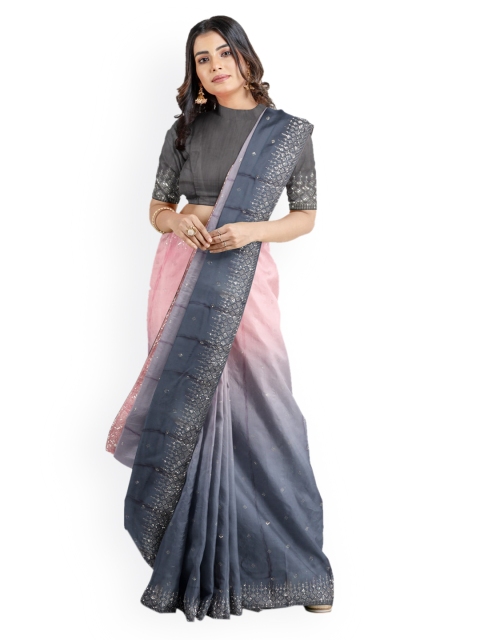 

Kalamandir Grey & Pink Silk Blend Solid Saree