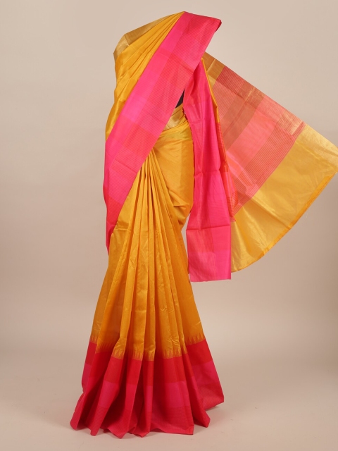 

Pothys Mustard Yellow & Pink Jute Silk Solid Saree