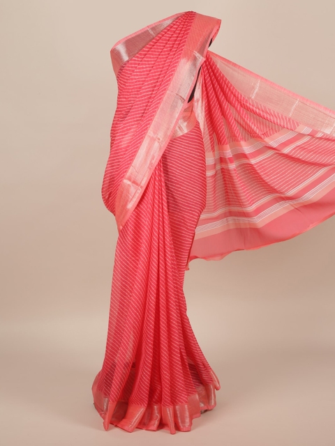 

Pothys Pink & Golden Poly Chiffon Striped Saree