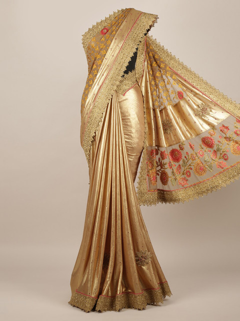

Pothys Golden Embellished Poly Chiffon Saree, Gold