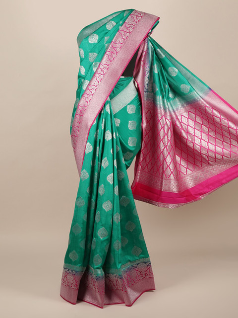 

Pothys Green & Silver-Toned Jute Silk Woven Design Saree