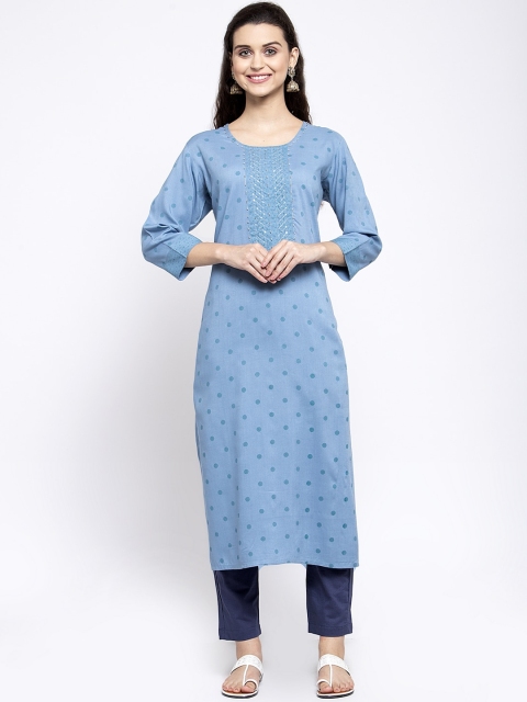 

ANAISA Women Blue Geometric Embroidered Chikankari Kurta