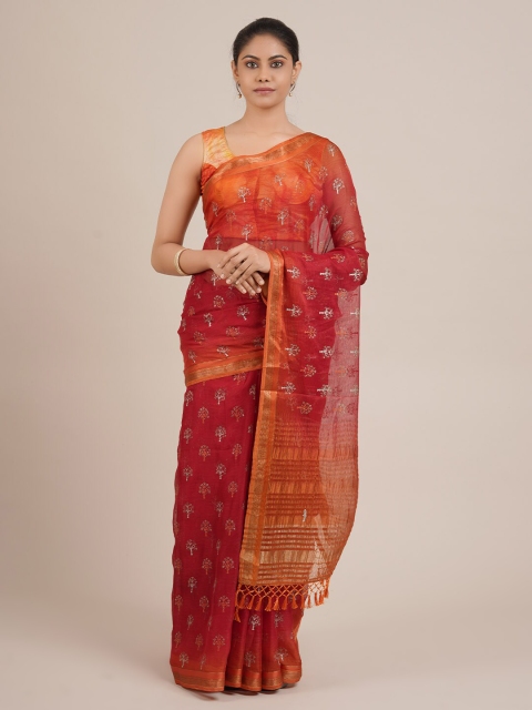 

Pothys Maroon Printed Poly Chiffon Saree With Tasseled Pallu
