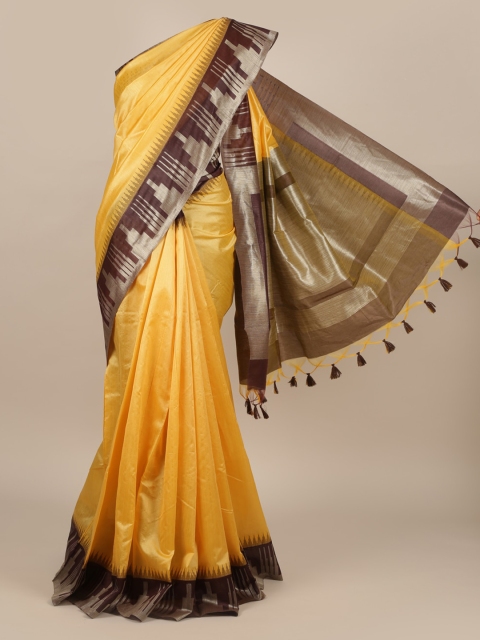

Pothys Yellow Solid Jute Silk Saree With Tasseled Pallu