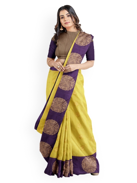 

Kalamandir Yellow & Purple Silk Blend Woven Design Chanderi Saree
