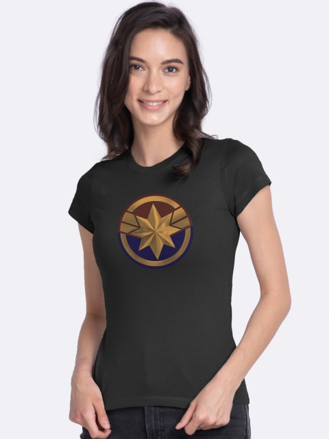 

Bewakoof Women Black Cap Logo Printed Cotton Round Neck T-shirt