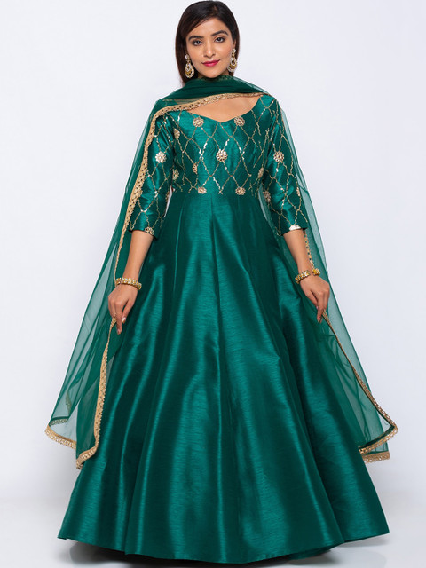 

6Y COLLECTIVE Women Green Embellished Emerald Gotapatti Lattice Anarkali Dress & Dupatta