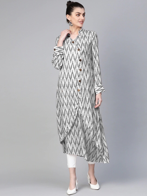 

Chhabra 555 Women White & Grey Geometric Printed Kurta