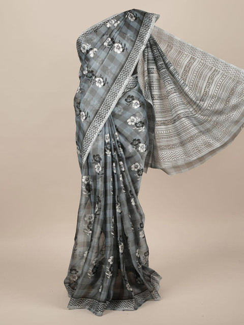 

Pothys Grey & Black Jute Silk Floral Printed Saree
