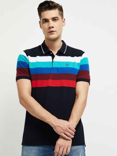 

max Men Blue & Black Striped Polo Collar T-shirt