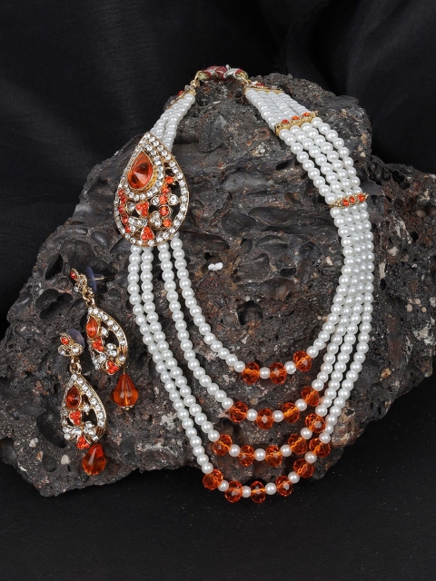 

ANIKAS CREATION White & Orange Gold-Plated Beaded Multi-Stranded Jewellery Set