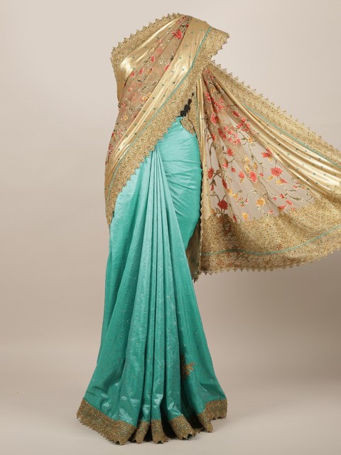 

Pothys Gold-Toned & Green Poly Chiffon Colourblocked Saree