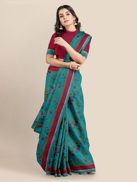 

Kalamandir Teal Blue & Pink Silk Blend Floral Printed Saree