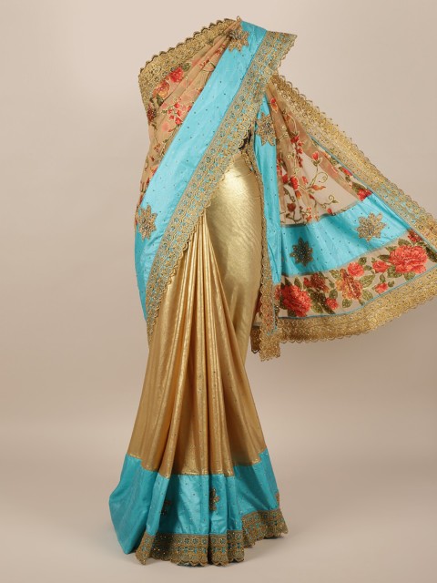 

Pothys Gold-Toned & Blue Jute Silk Printed Saree