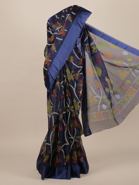 

Pothys Navy Blue Printed Jute Silk Saree